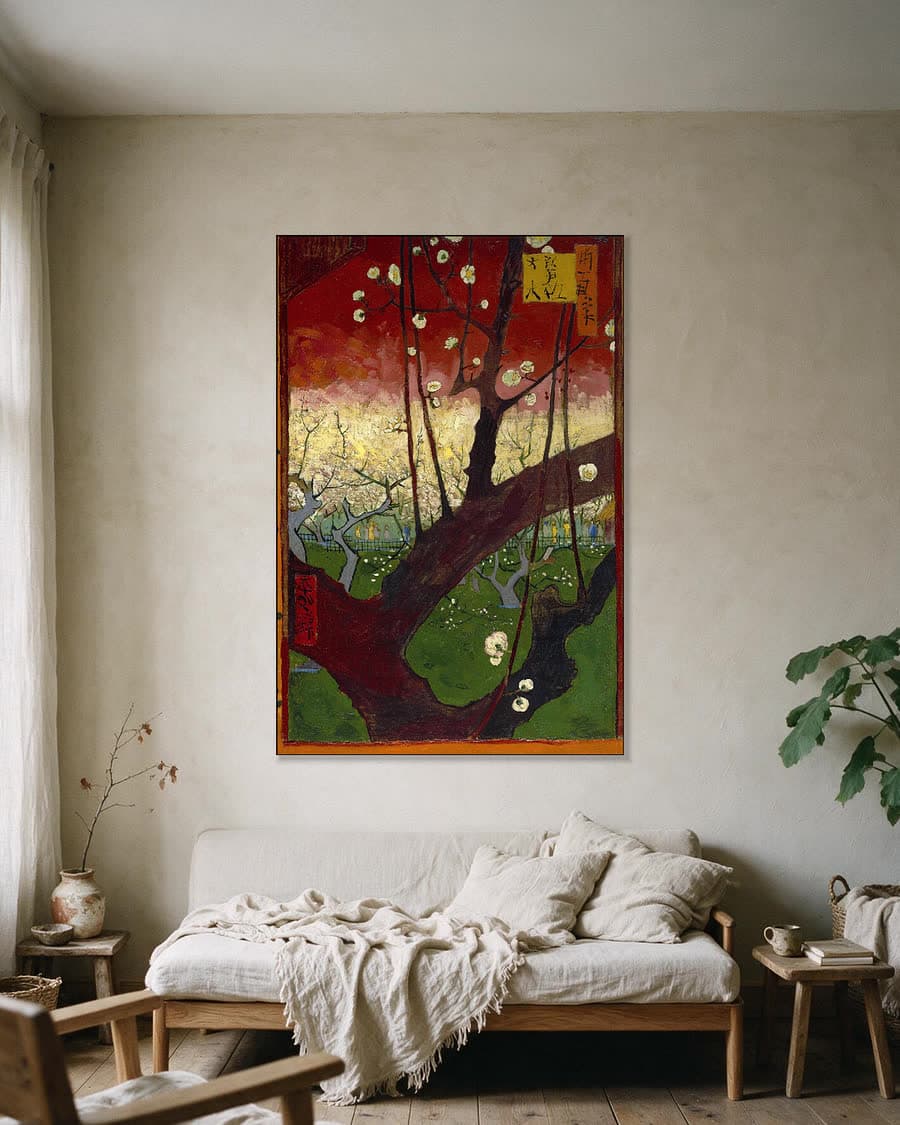Bloeiende pruimenboomgaard naar Hiroshige in een aluminium frame aan dezelfde muur