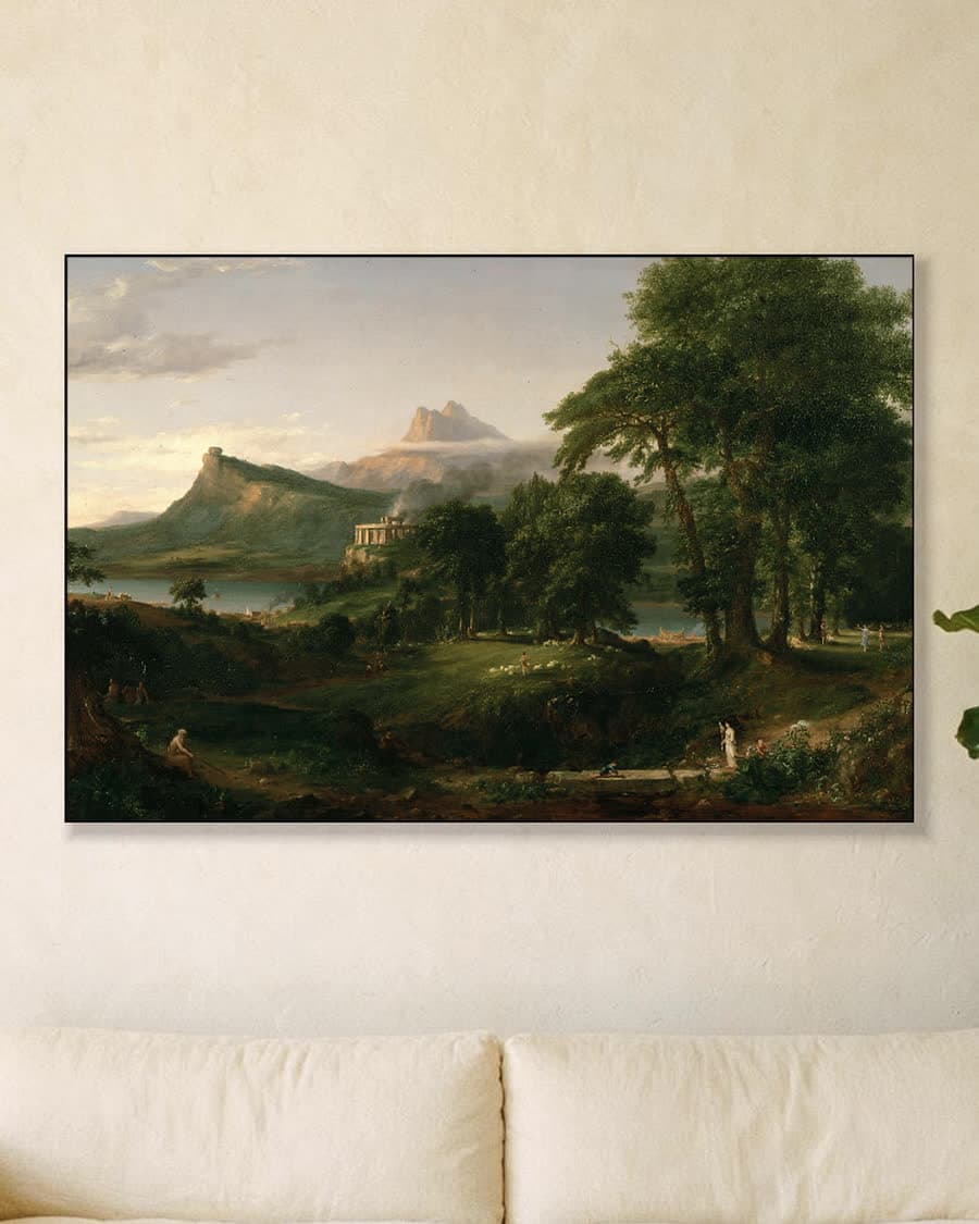 Idyllisch Landschap met Klassieke Tempel in een aluminium frame aan dezelfde muur