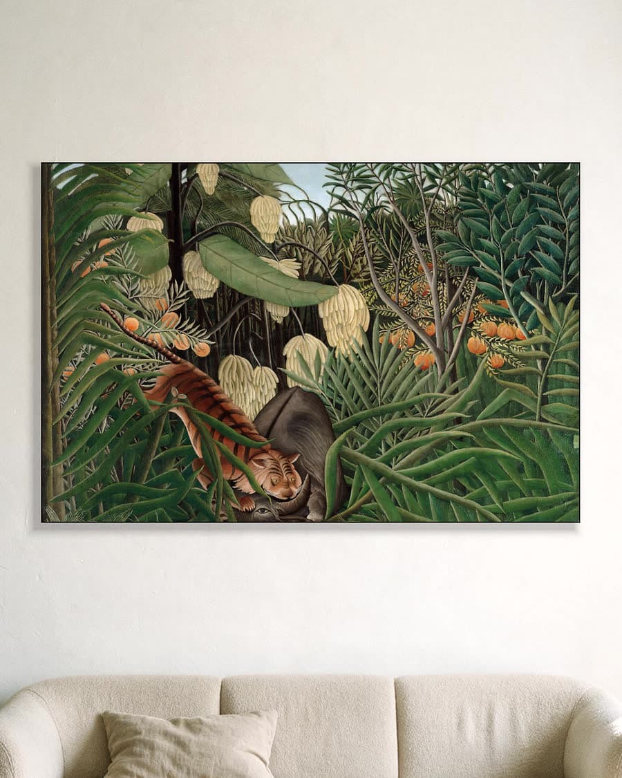 Gevecht tussen een Tijger en een Buffel in een aluminium frame aan dezelfde muur