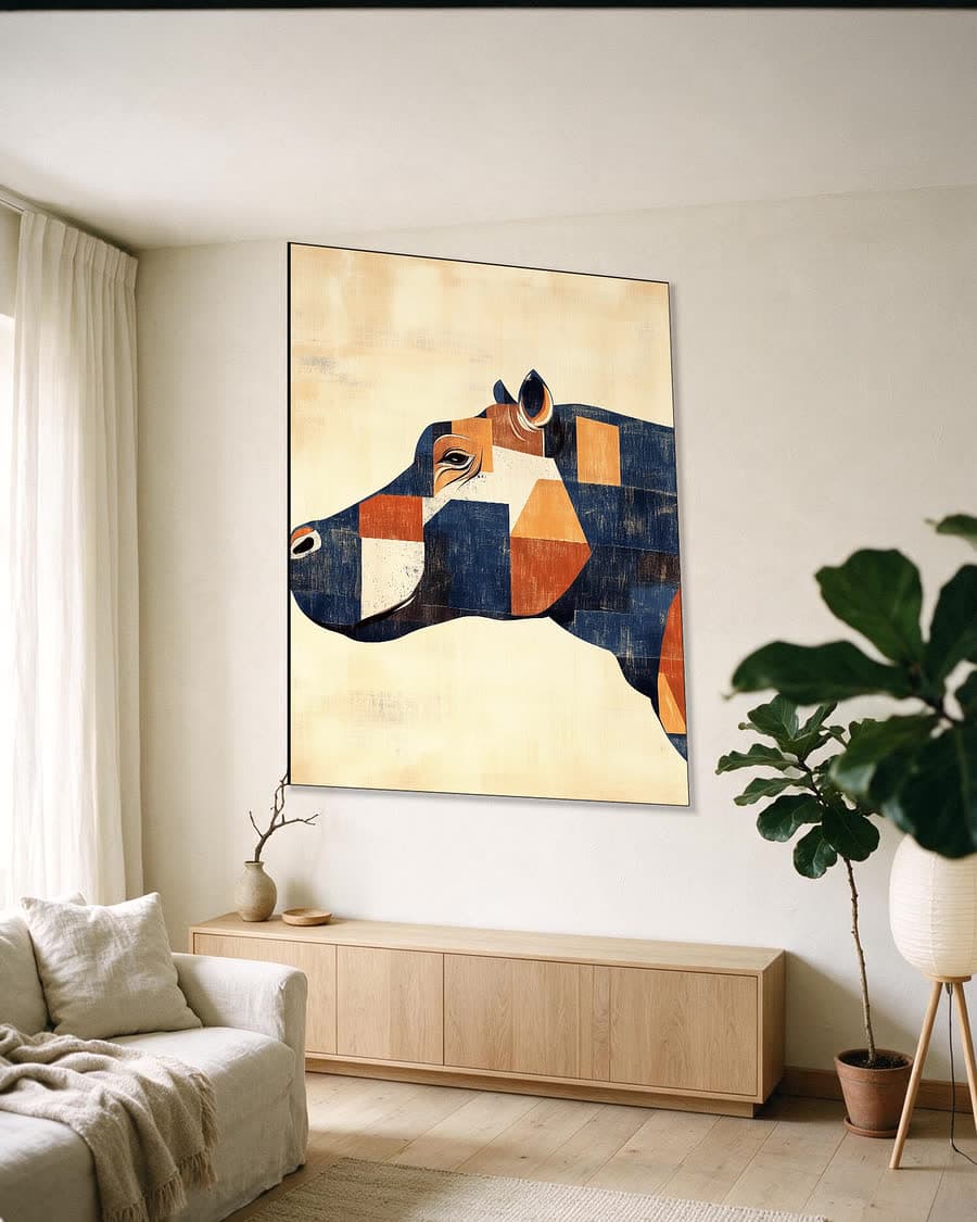 Buffel in vlakken in een aluminium frame aan dezelfde muur