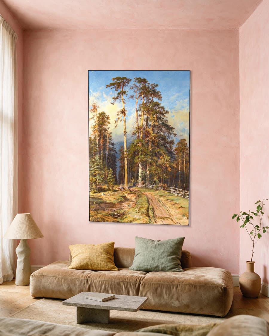 Zonnig bospad in een aluminium frame aan dezelfde muur