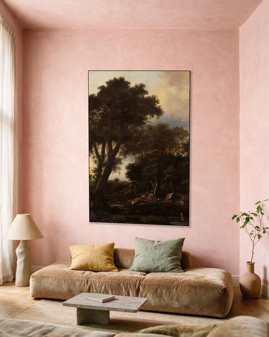 Boslandschap met hut in een aluminium frame aan dezelfde muur