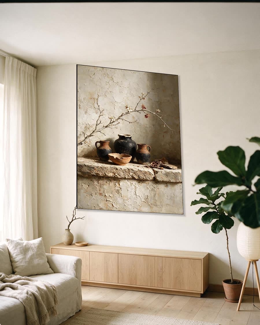 Bloesem over drie kruiken in een aluminium frame aan dezelfde muur