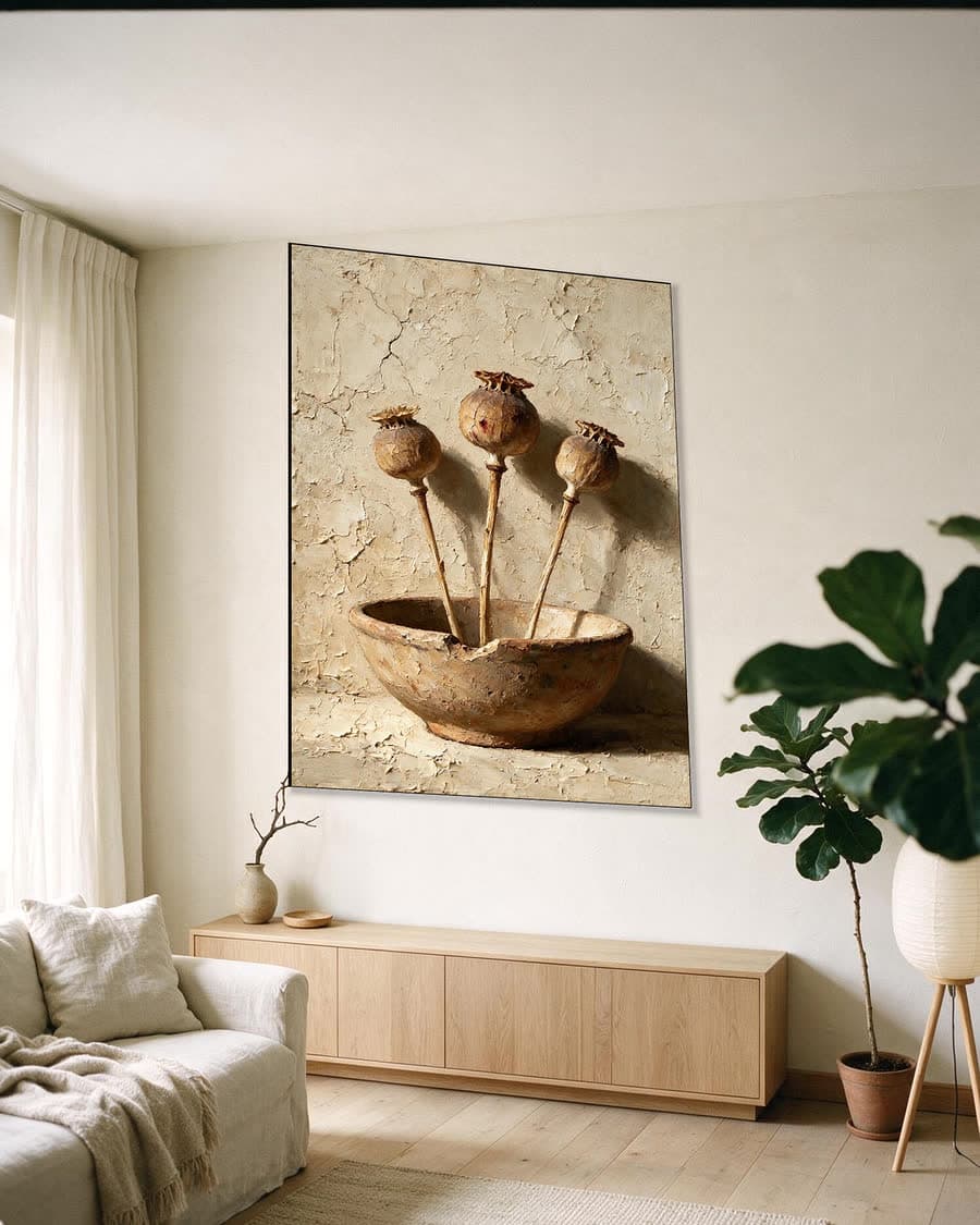 Drie papaverbollen in een aluminium frame aan dezelfde muur