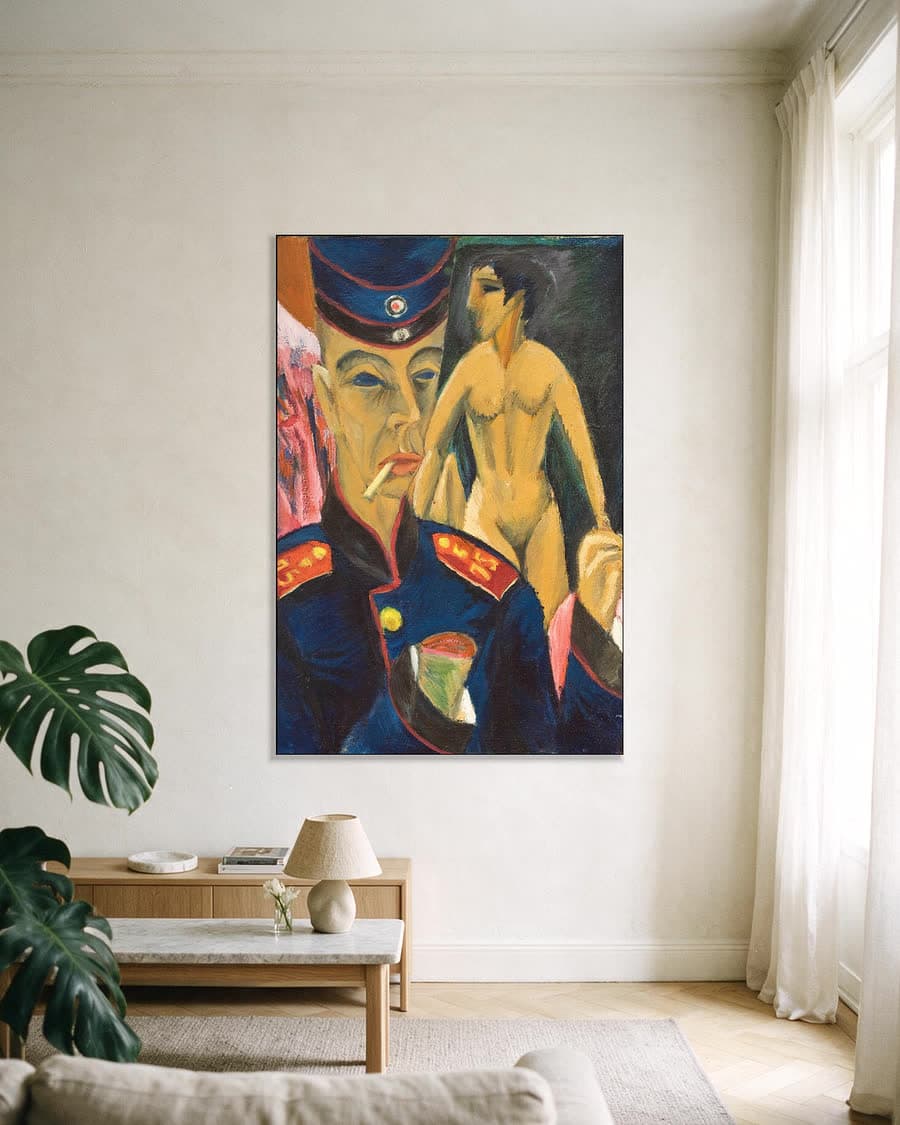 Zelfportret als soldaat in een aluminium frame aan dezelfde muur