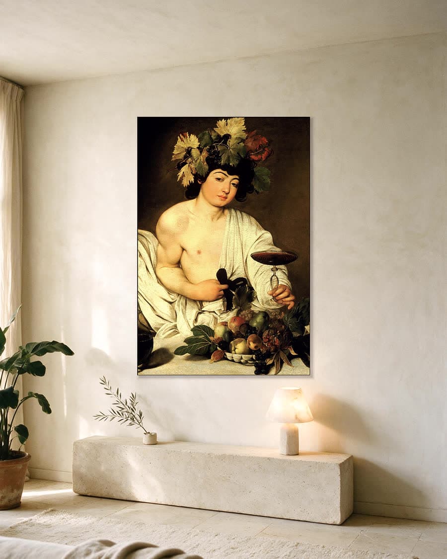 Bacchus in een aluminium frame aan dezelfde muur