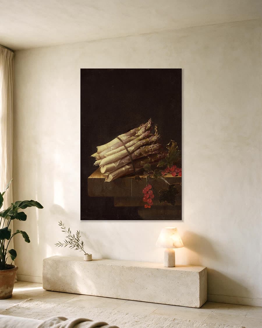 Bundel asperges in een aluminium frame aan dezelfde muur