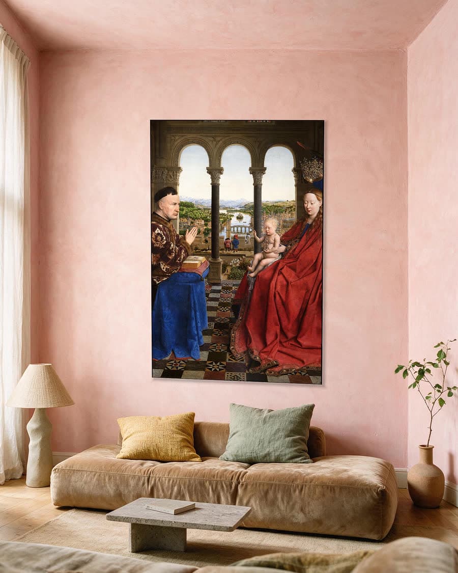 De Madonna van kanselier Rolin in een aluminium frame aan dezelfde muur