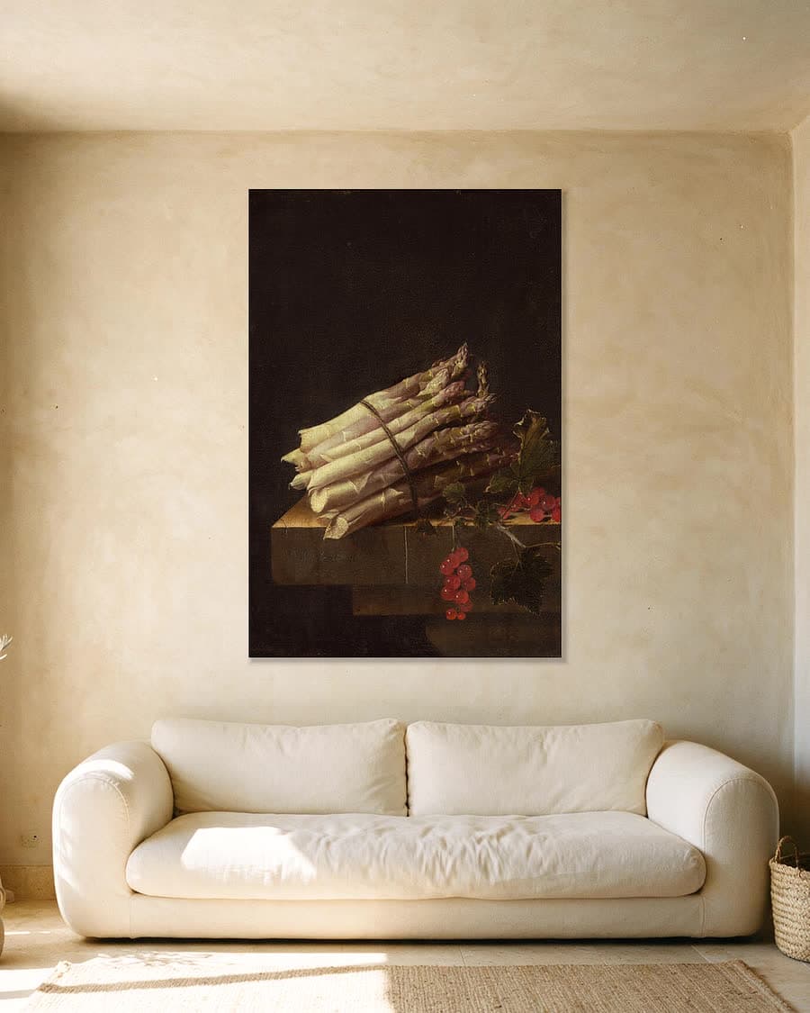 Bundel asperges in een aluminium frame aan dezelfde muur