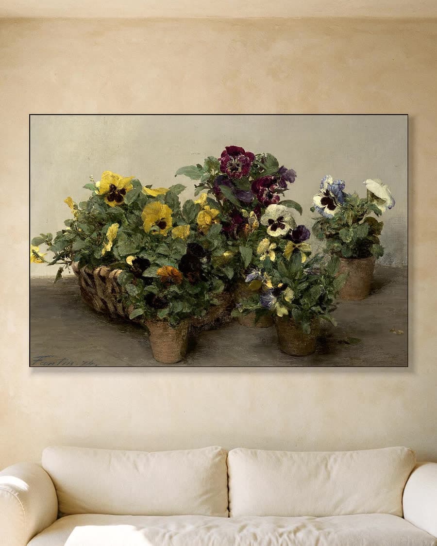Viooltjes in een aluminium frame aan dezelfde muur