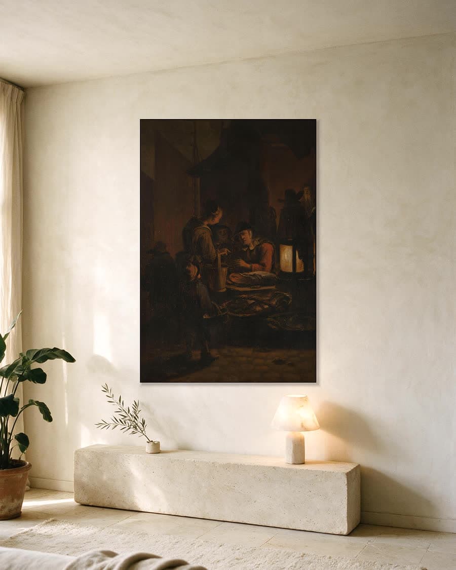 Vismarkt bij nacht in een aluminium frame aan dezelfde muur
