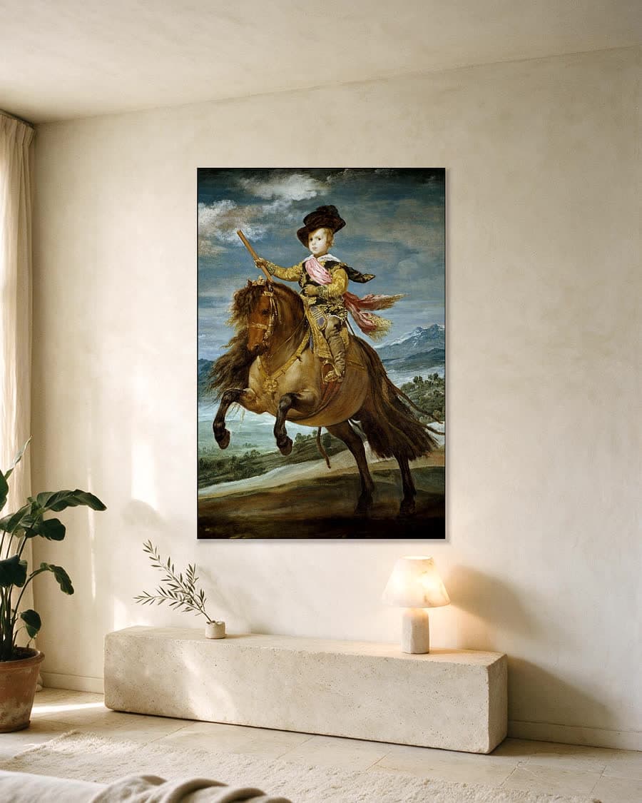 Prins Baltasar Carlos te Paard in een aluminium frame aan dezelfde muur