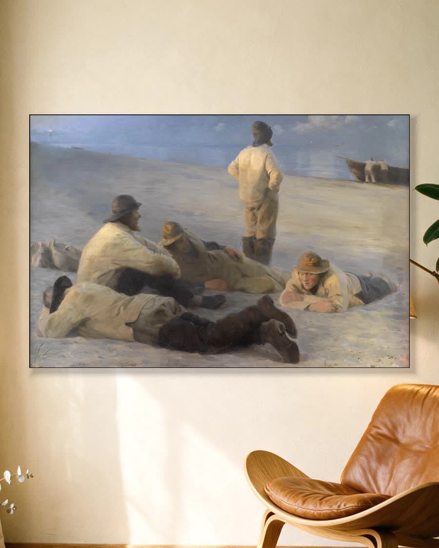 Vissers op het strand van Skagen in een aluminium frame aan dezelfde muur