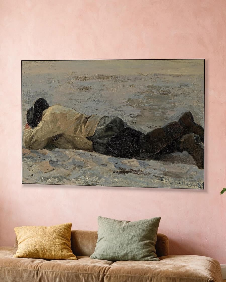 Visser liggend in het zand in een aluminium frame aan dezelfde muur