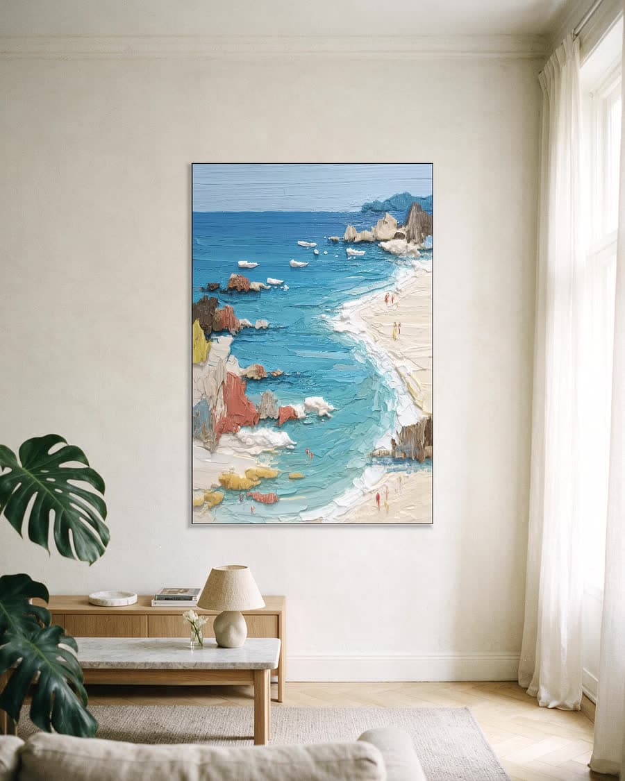 Kust in dik verf in een aluminium frame aan dezelfde muur