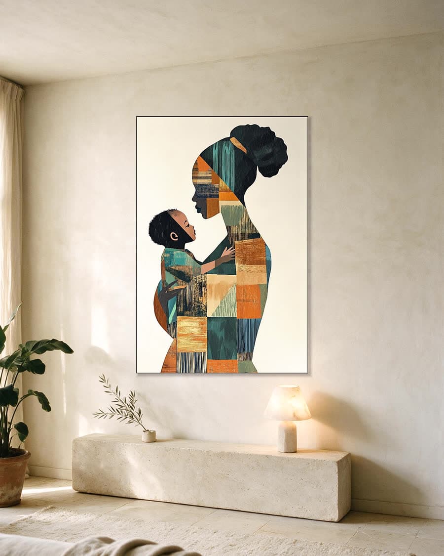 Moeder en kind in een aluminium frame aan dezelfde muur