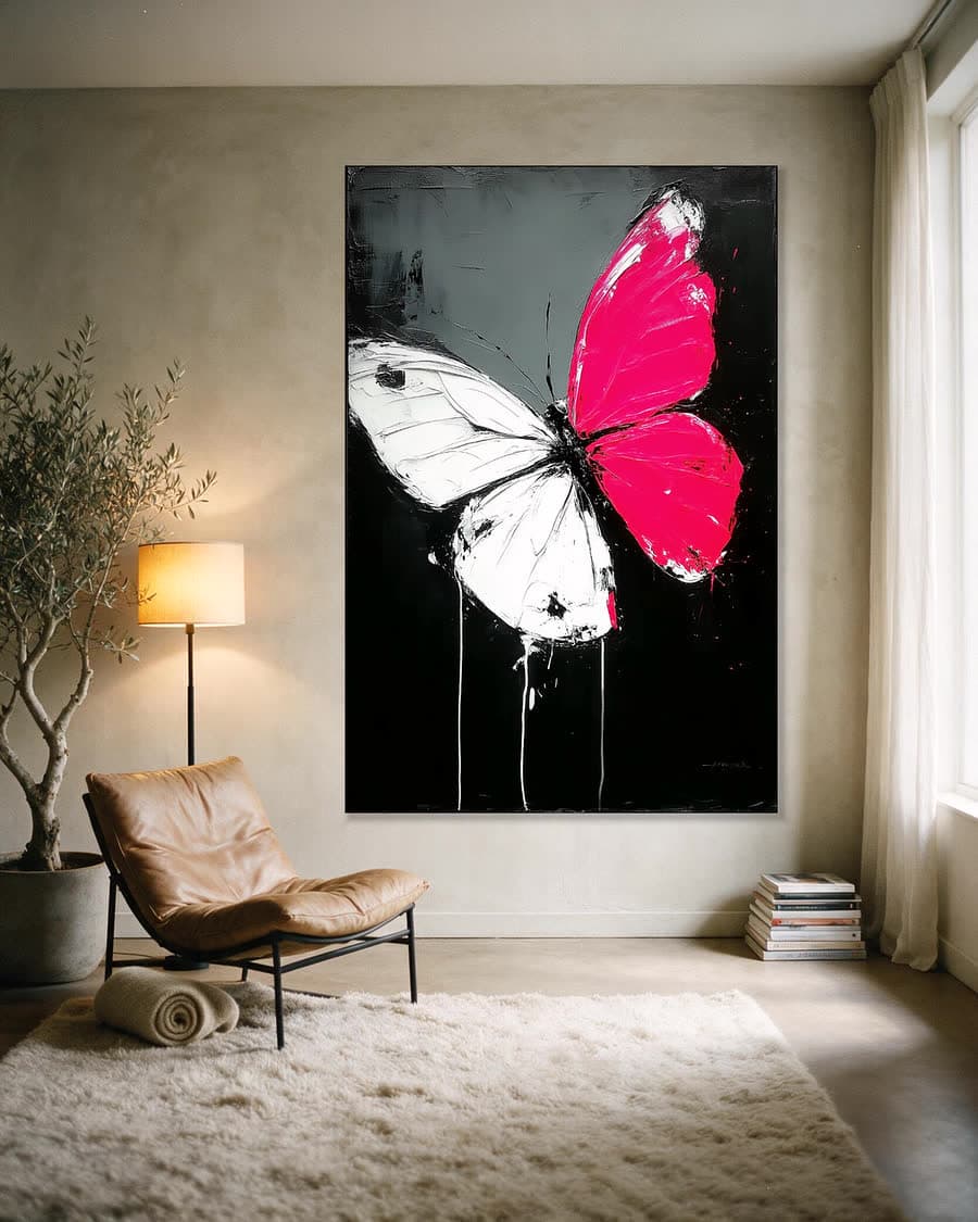 Vlinder op zwart in een aluminium frame aan dezelfde muur