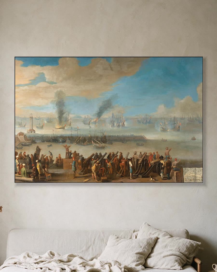 De zeeslag bij Livorno, 14 maart 1653 in een aluminium frame aan dezelfde muur