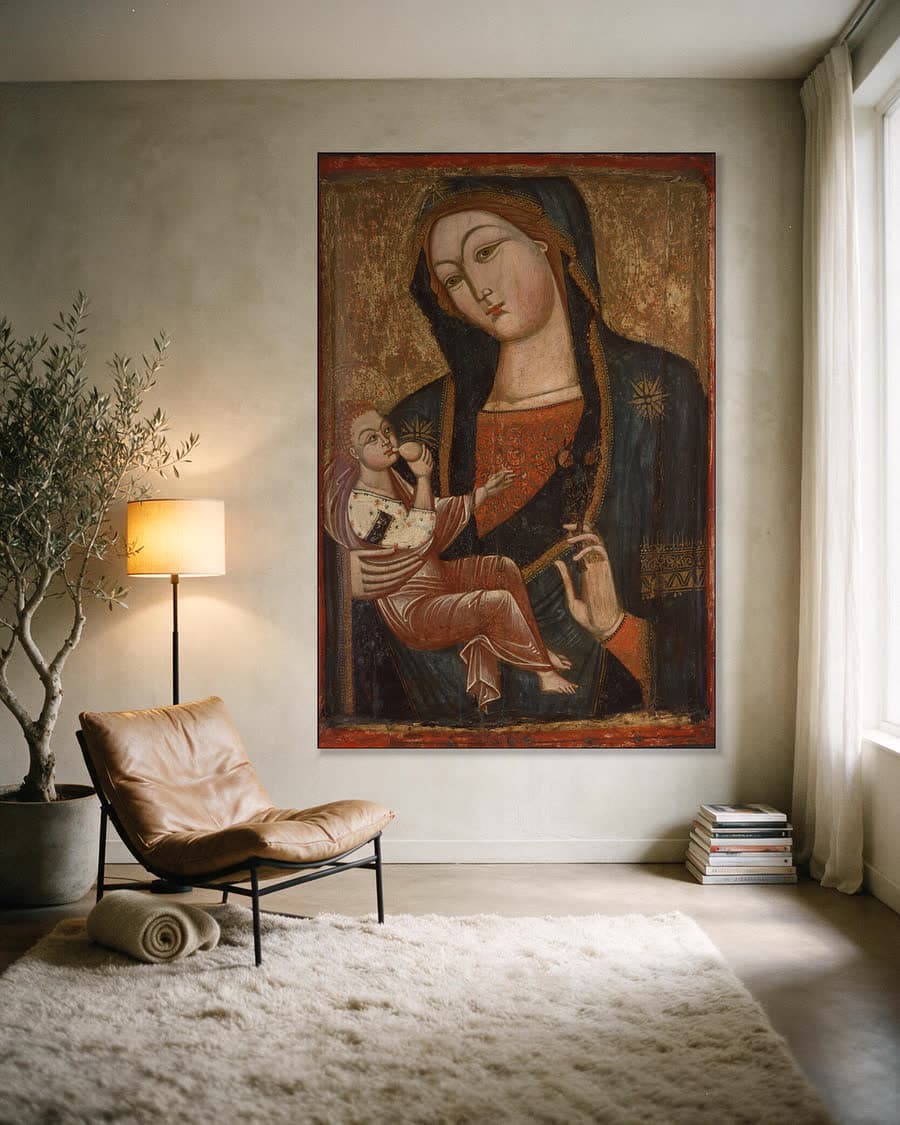 Voedende Moeder Gods in een aluminium frame aan dezelfde muur
