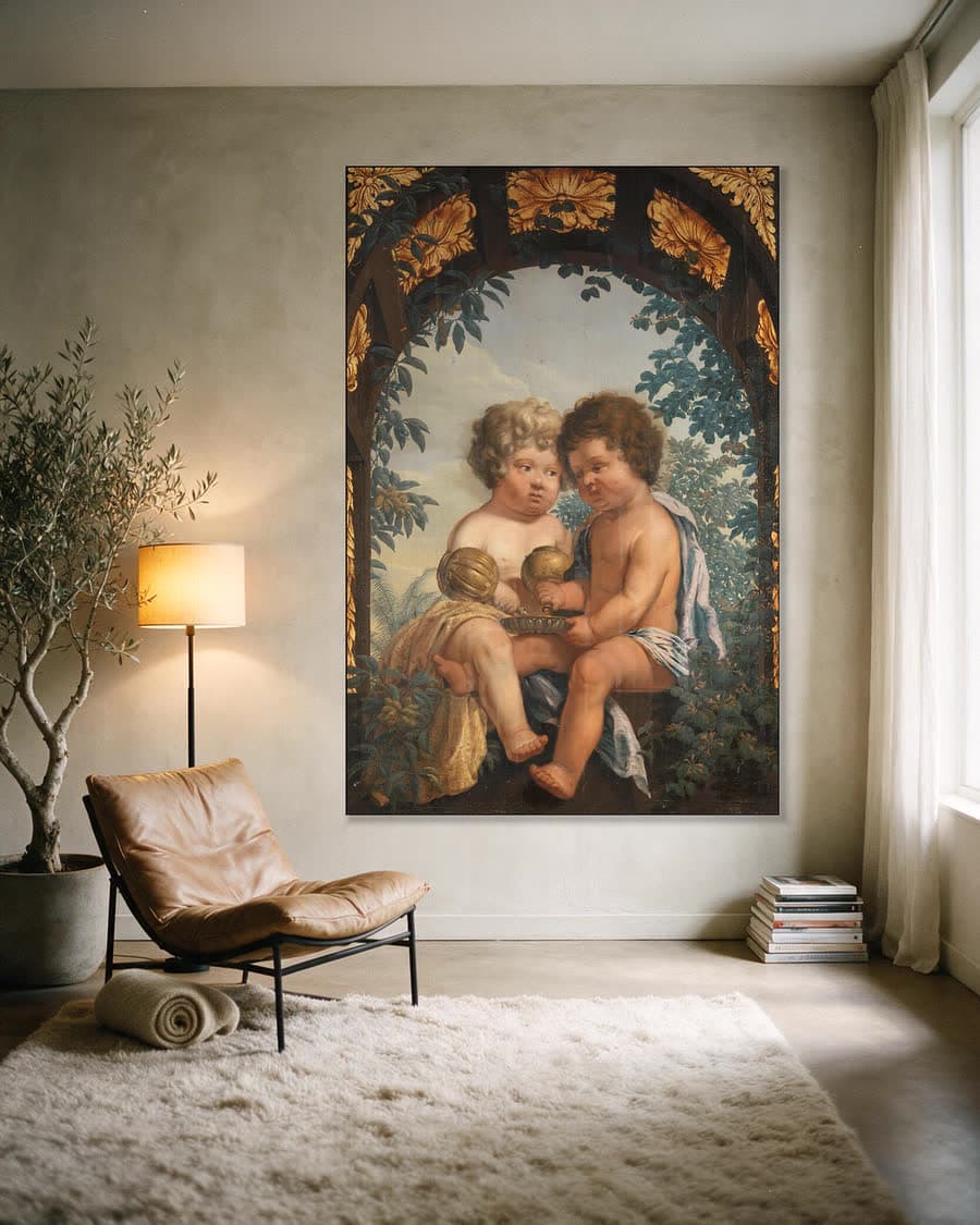 Christelijke allegorie met twee kinderen die elk een karaf vasthouden in een aluminium frame aan dezelfde muur