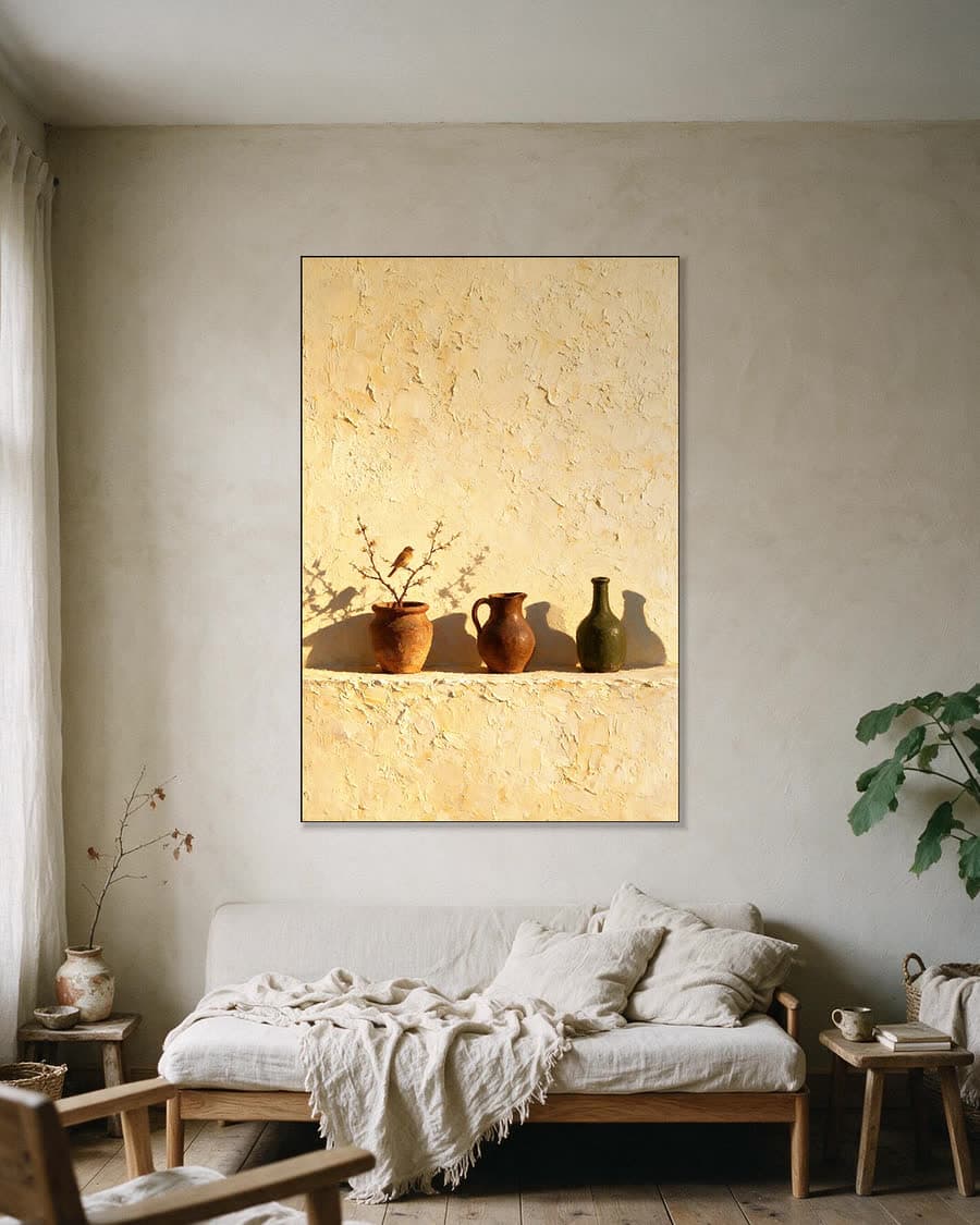 Vogel op de bloesemtak in een aluminium frame aan dezelfde muur