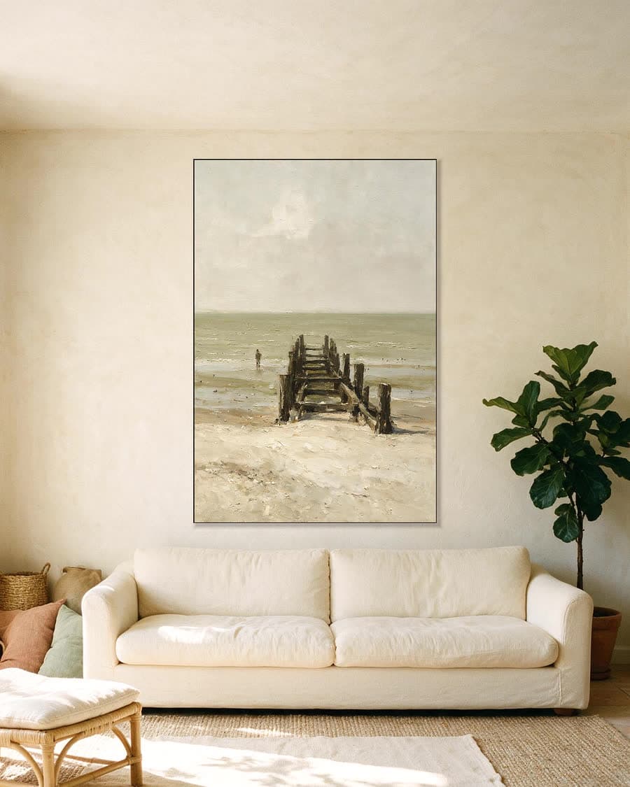 Pier in de mist in een aluminium frame aan dezelfde muur