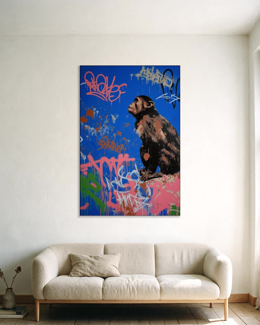 Aap op kobalt in een aluminium frame aan dezelfde muur