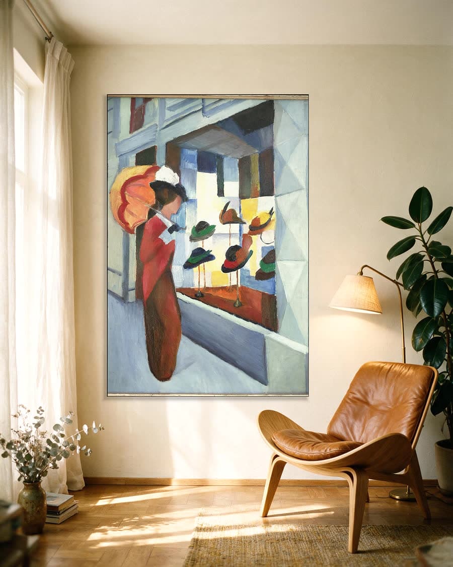 Voor de hoedenwinkel in een aluminium frame aan dezelfde muur