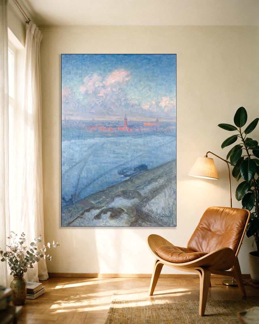 De stad bij zonsondergang in een aluminium frame aan dezelfde muur