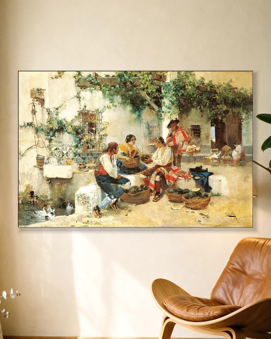 Meloenen verkopen in een aluminium frame aan dezelfde muur