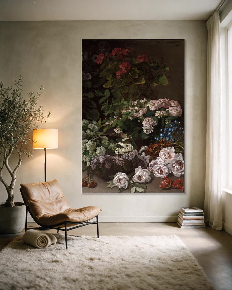 Voorjaarsbloemen in een aluminium frame aan dezelfde muur