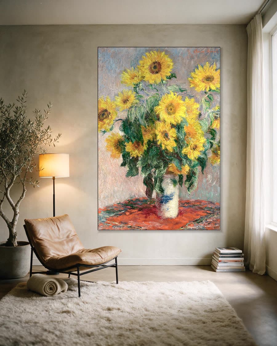 Boeket Zonnebloemen (1881) in een aluminium frame aan dezelfde muur