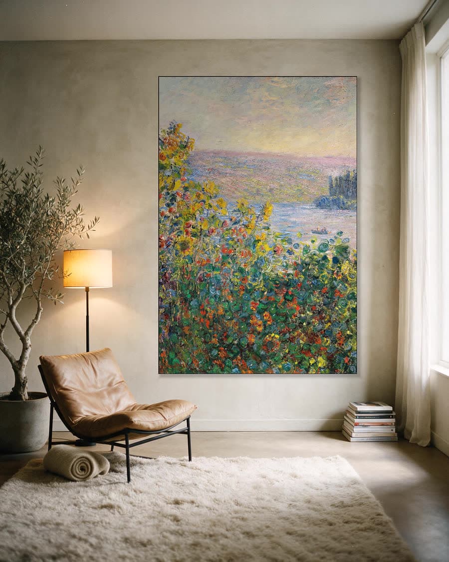 Bloemperken bij Vétheuil in een aluminium frame aan dezelfde muur