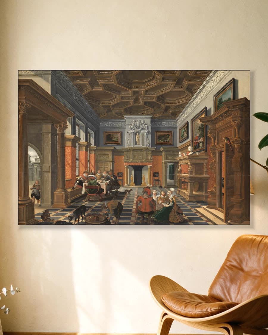 Een gezelschap in een interieur in een aluminium frame aan dezelfde muur