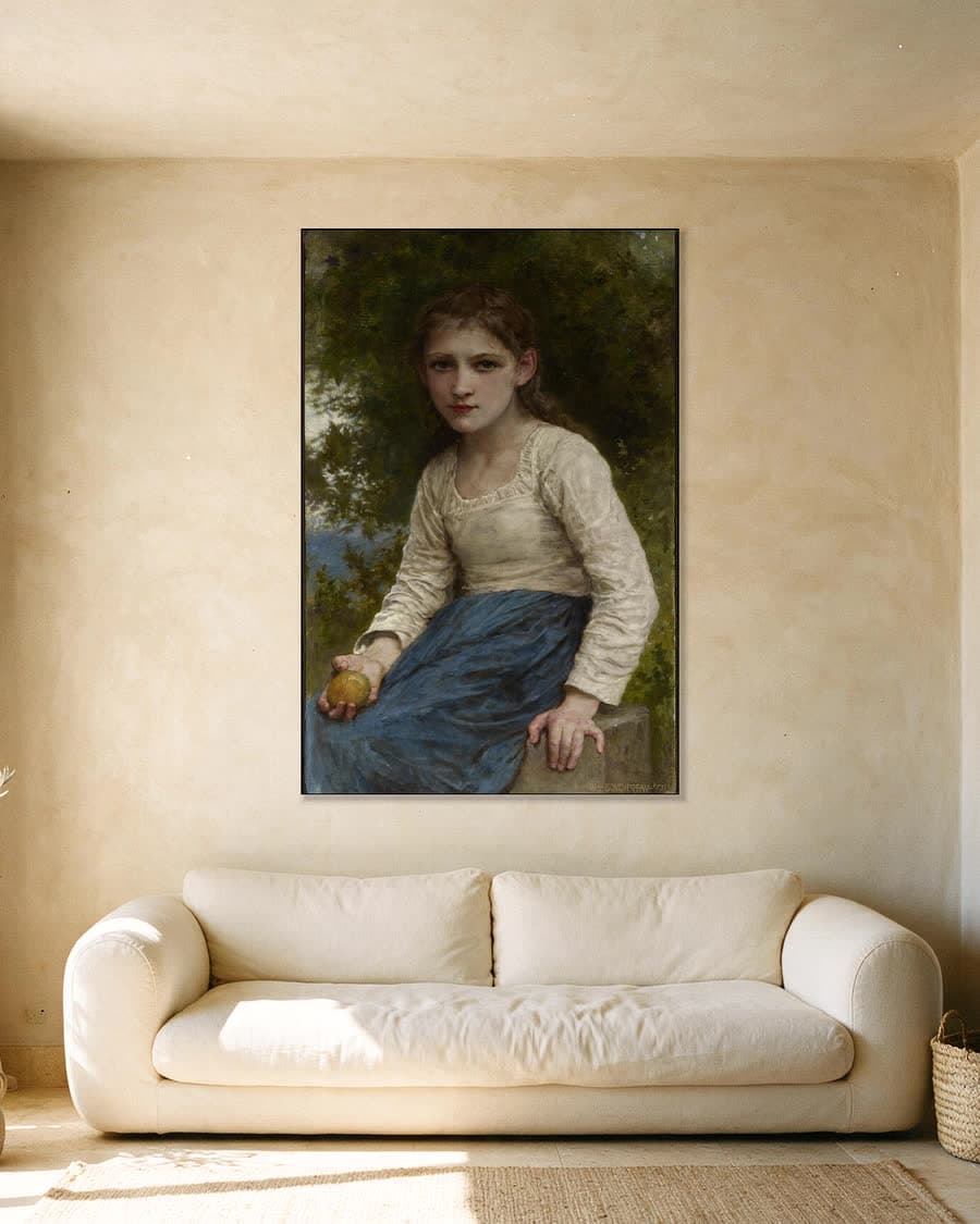 Meisje met een appel in een aluminium frame aan dezelfde muur
