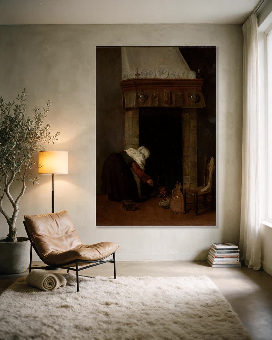 Vrouw bij de schouw in een aluminium frame aan dezelfde muur