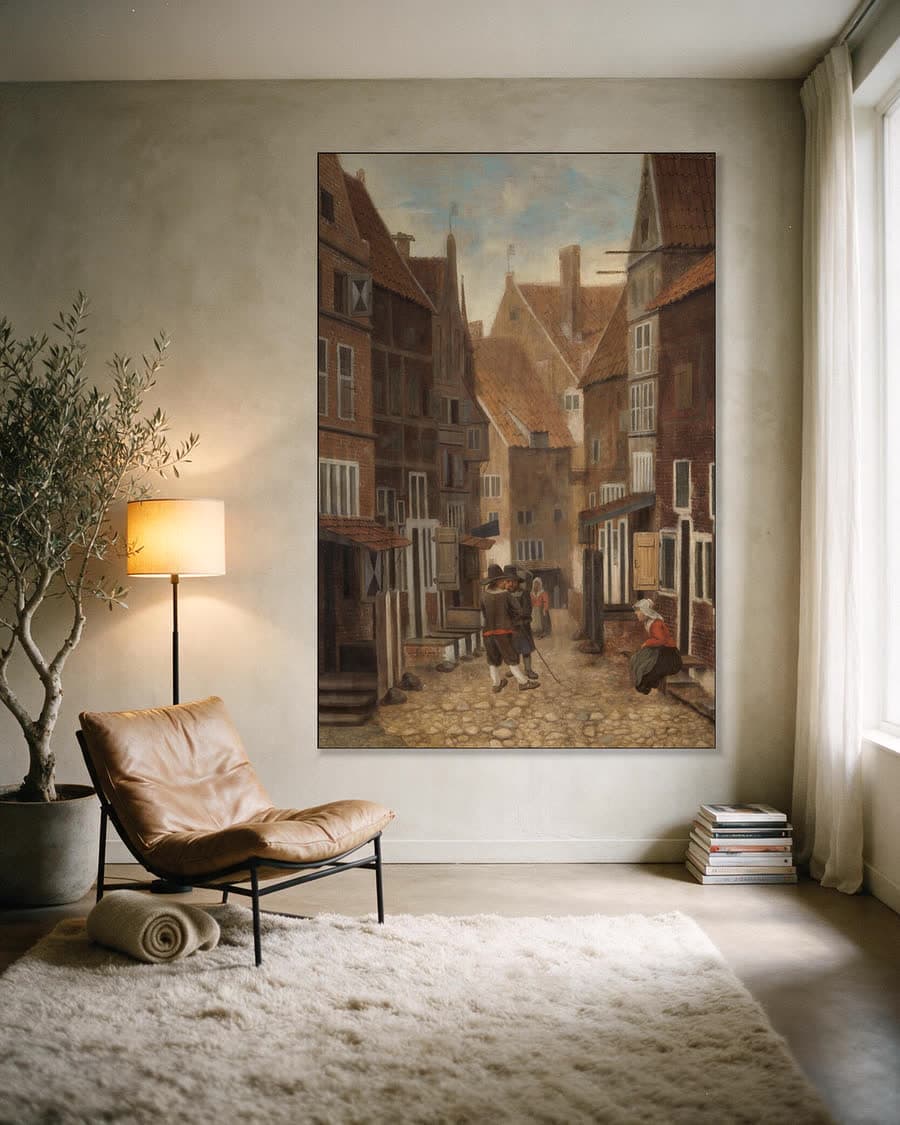 Stadsgezicht in een aluminium frame aan dezelfde muur