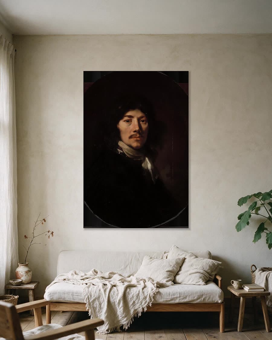 Borststuk van een man, mogelijk een zelfportret in een aluminium frame aan dezelfde muur