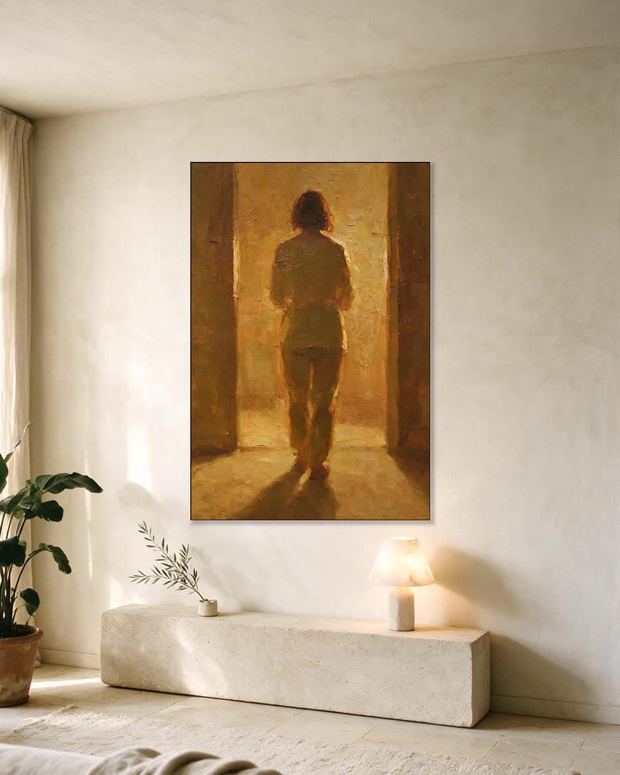 Vrouw in het licht in een aluminium frame aan dezelfde muur