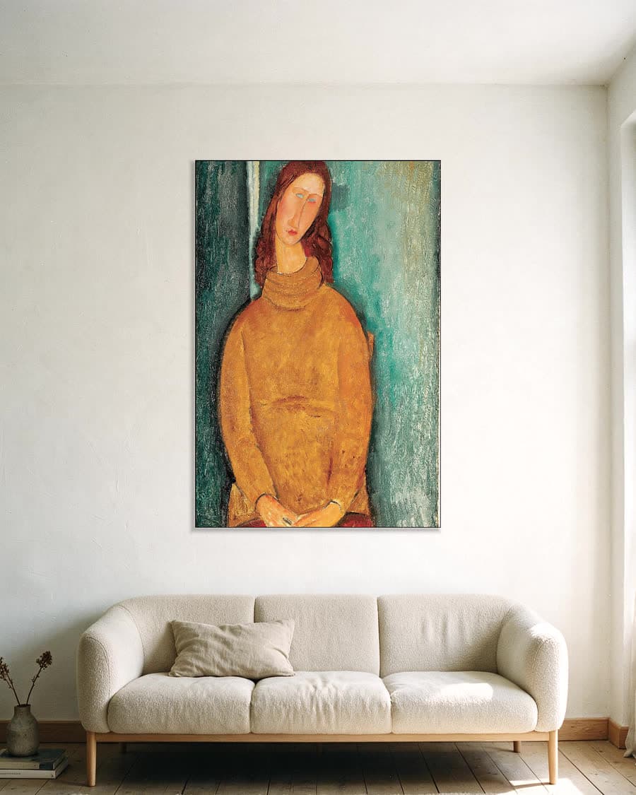 Jeanne Hébuterne in een gele trui in een aluminium frame aan dezelfde muur