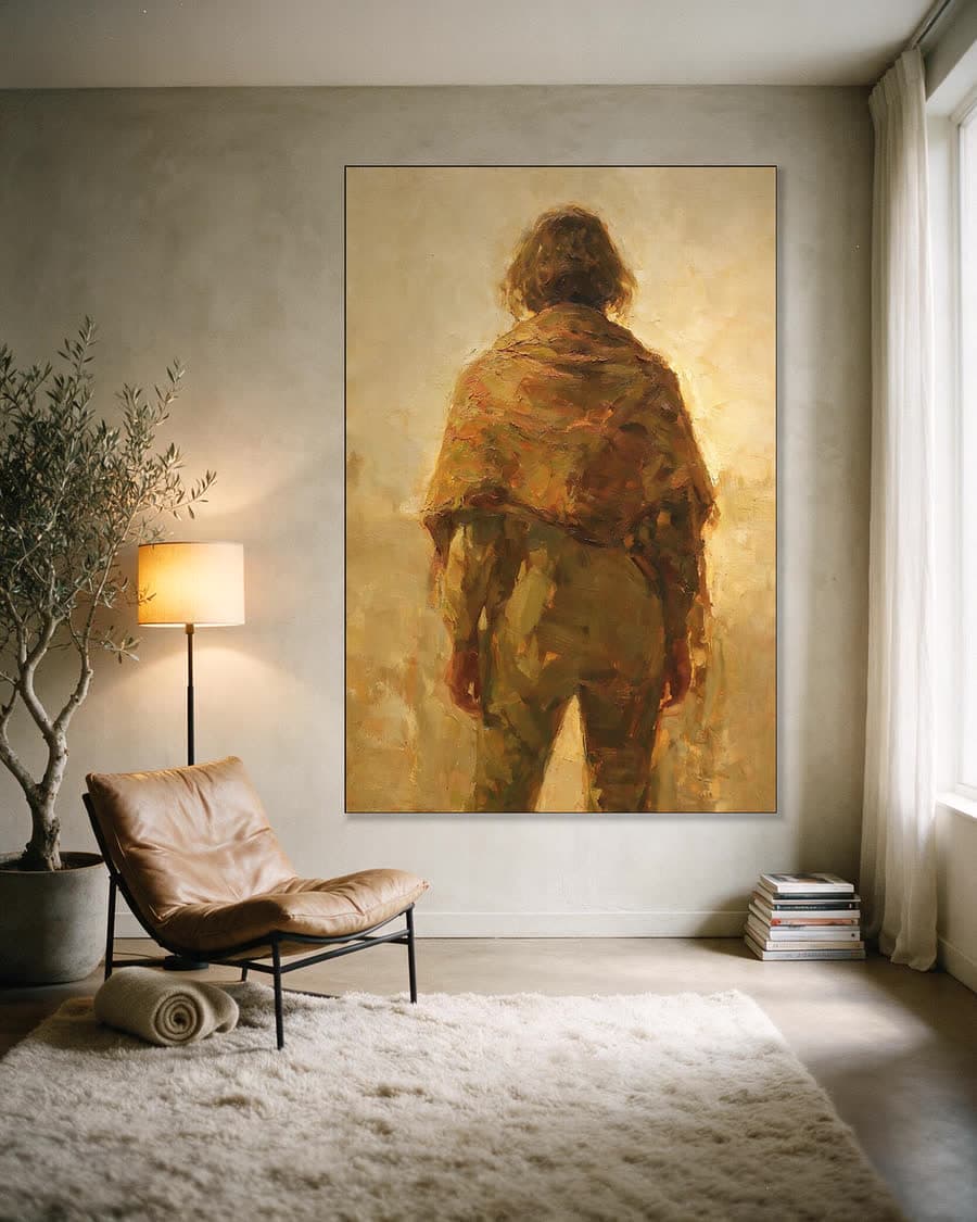 Vrouw met een sjaal in een aluminium frame aan dezelfde muur