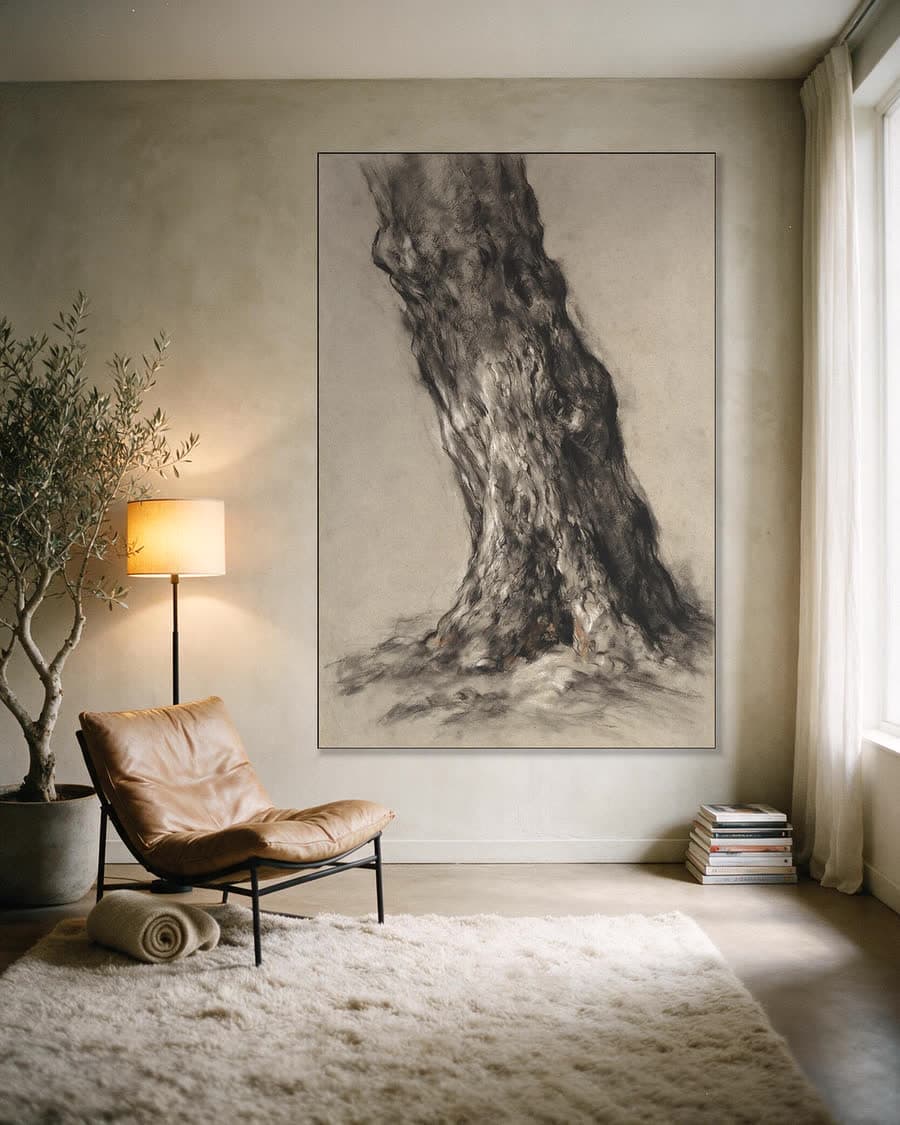 Boomstam in een aluminium frame aan dezelfde muur