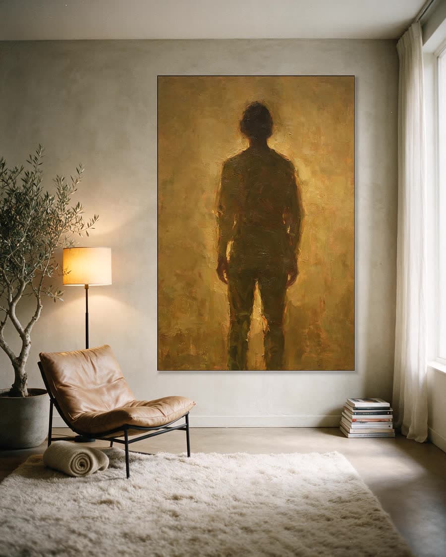 Figuur in een lege kamer in een aluminium frame aan dezelfde muur