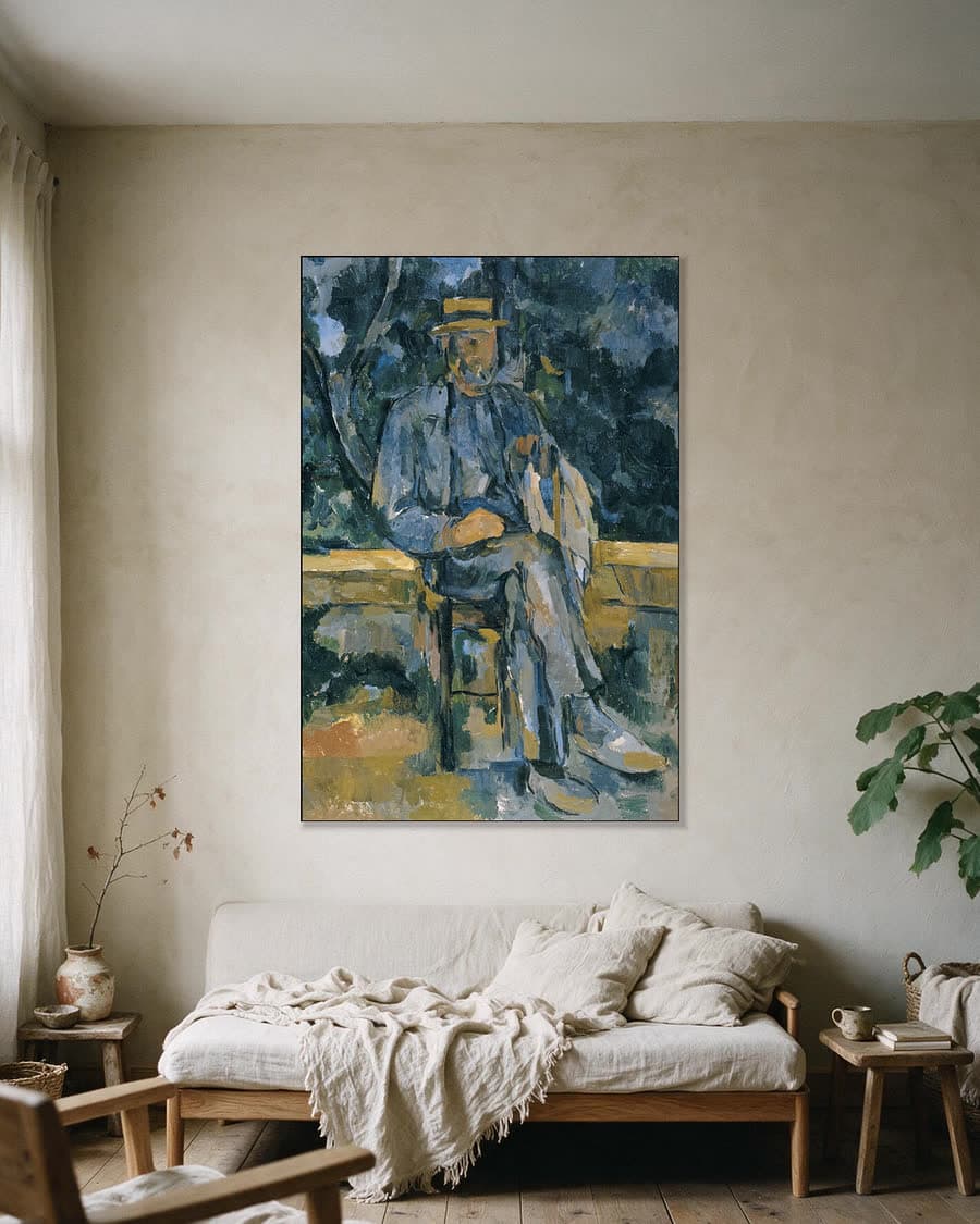 Portret van een boer in een aluminium frame aan dezelfde muur