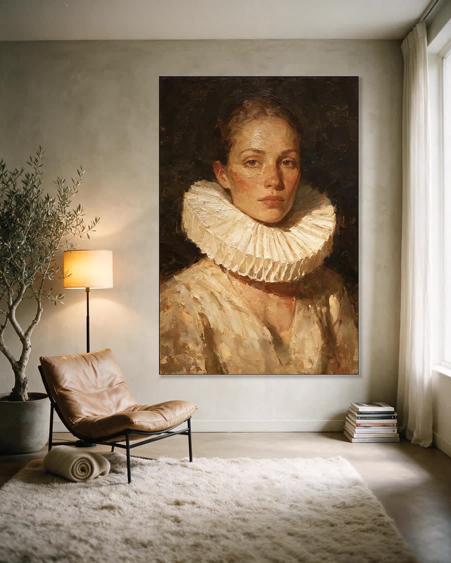 Vrouw met kraag in een aluminium frame aan dezelfde muur