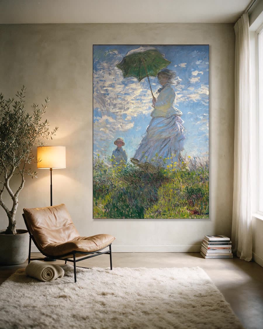 Vrouw met parasol, Madame Monet en haar zoon in een aluminium frame aan dezelfde muur