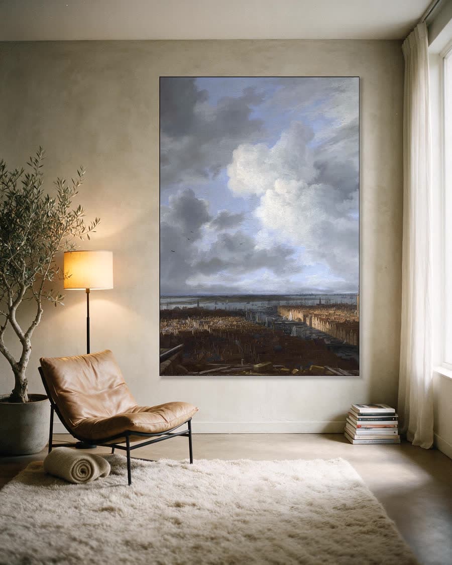 Gezicht op Amsterdam in een aluminium frame aan dezelfde muur