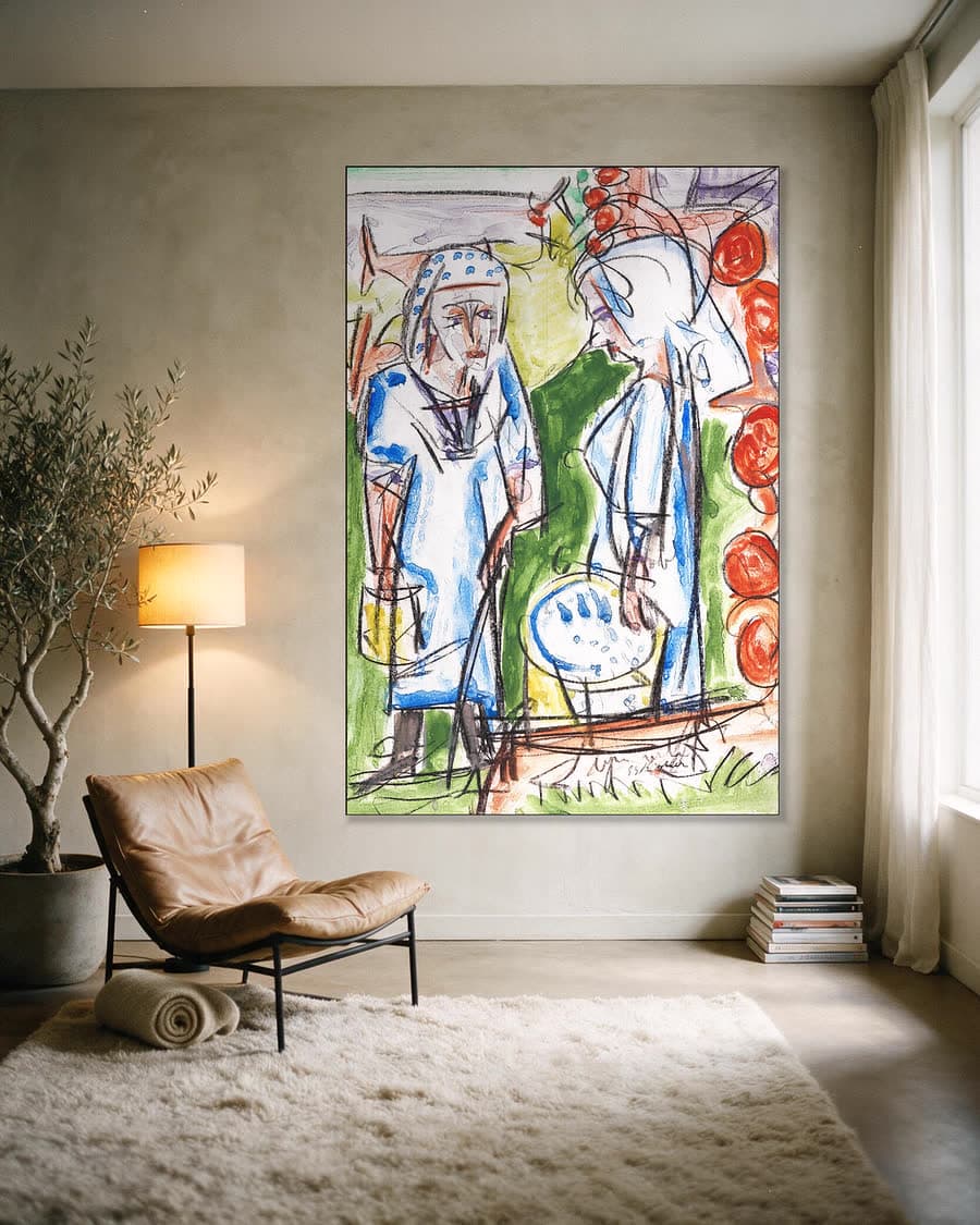 Boerinnen bij de bron op de Stafelalp in een aluminium frame aan dezelfde muur