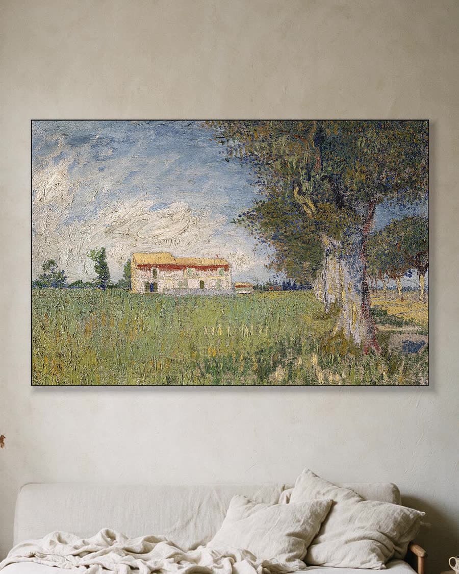 Boerderij in een korenveld in een aluminium frame aan dezelfde muur