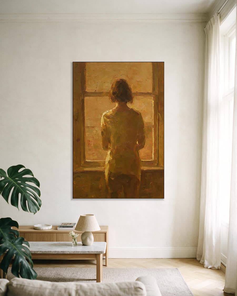 Vrouw voor het raam in een aluminium frame aan dezelfde muur